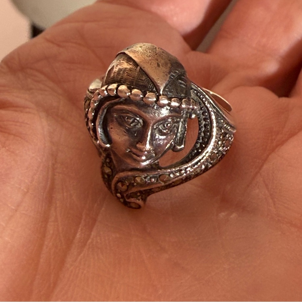 Antique Art deco 1920’s Sterling silver art Nouveau Flapper Face Ring - Picture 9 of 17